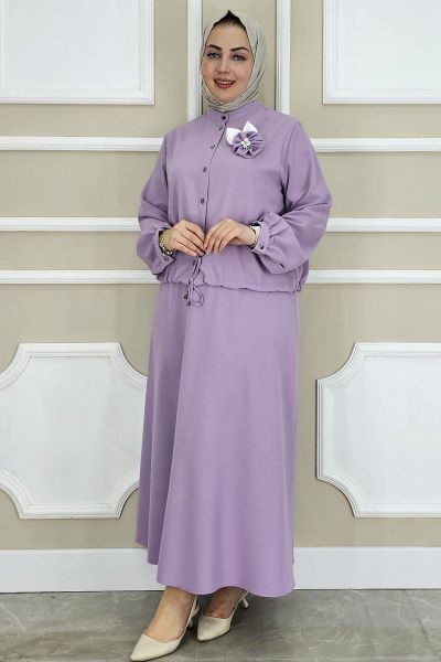 PYS KADIN ÇİÇEK BROŞ DETAYLI GÖMLEK ETEK TESETTÜR TAKIM LİLA - 2 BEDEN