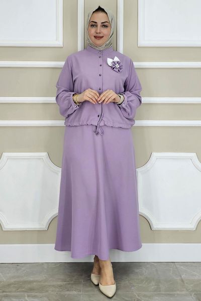 PYS KADIN ÇİÇEK BROŞ DETAYLI GÖMLEK ETEK TESETTÜR TAKIM LİLA - 2 BEDEN