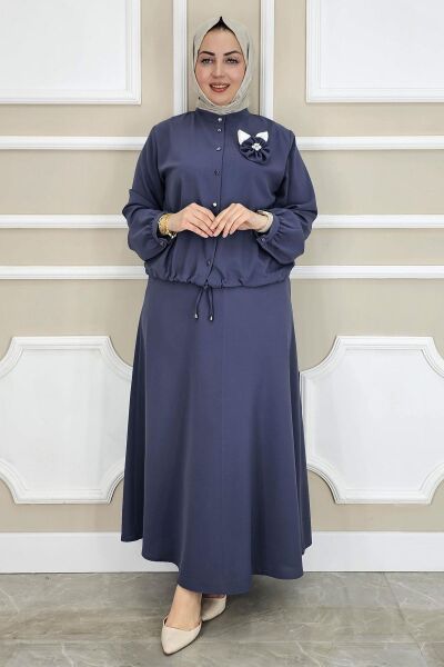 PYS KADIN ÇİÇEK BROŞ DETAYLI GÖMLEK ETEK TESETTÜR TAKIM MAVİ - 5 BEDEN