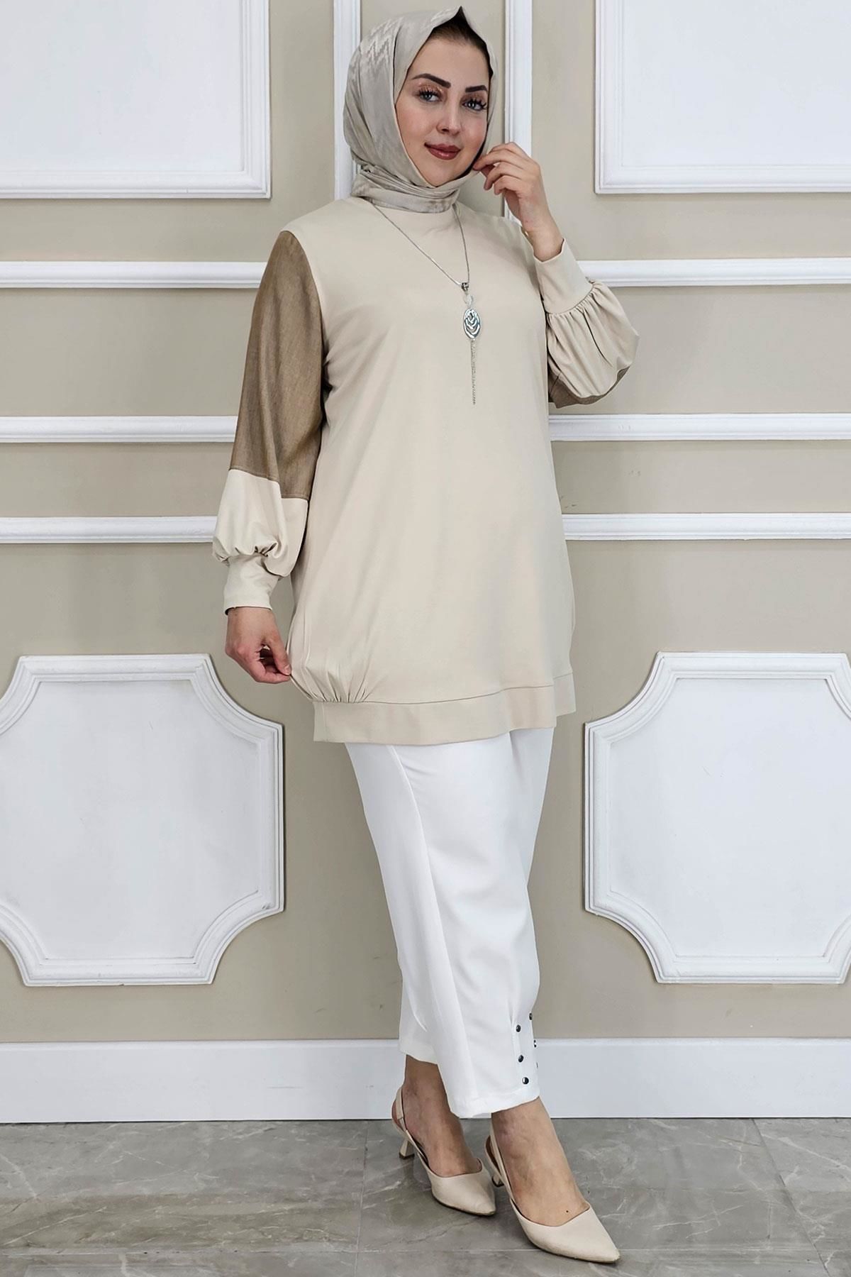 PYS KADIN KOMBİNLİ KOLYE DETAYLI TESETTÜR BEJ - 5 BEDEN