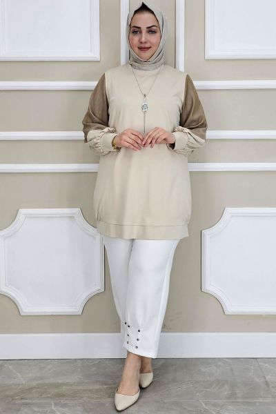 PYS KADIN KOMBİNLİ KOLYE DETAYLI TESETTÜR BEJ - 5 BEDEN