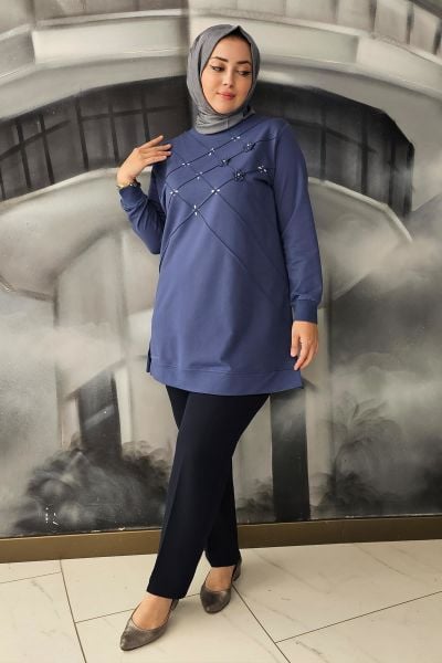 KADIN DİKME VE TAŞ DETAYLI TESETTÜR TUNİK İNDİGO - 4 BEDEN