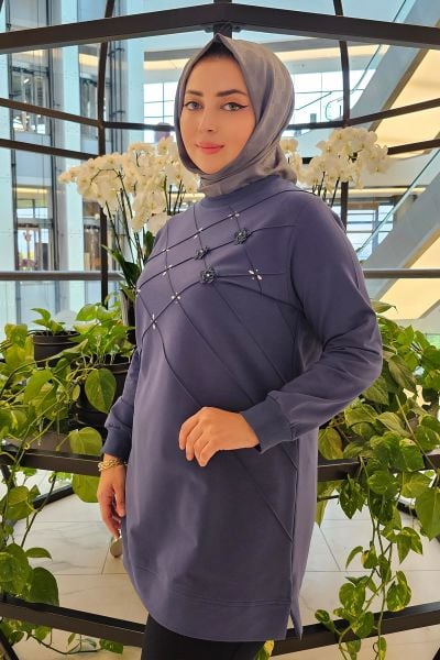 KADIN DİKME VE TAŞ DETAYLI TESETTÜR TUNİK İNDİGO - 4 BEDEN