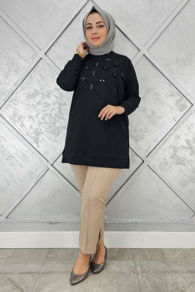 KADIN DİKME VE TAŞ DETAYLI TESETTÜR TUNİK SİYAH - 4 BEDEN