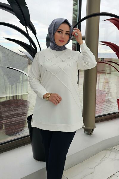 KADIN DİKME VE TAŞ DETAYLI TESETTÜR TUNİK EKRU - 4 BEDEN