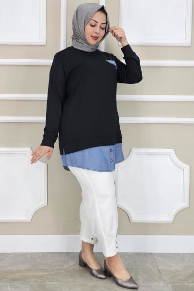 PYS KADIN KOT KOMBİNLİ DÜĞME DETAYLI TESETTÜR TUNİK SİYAH - 5 BEDEN
