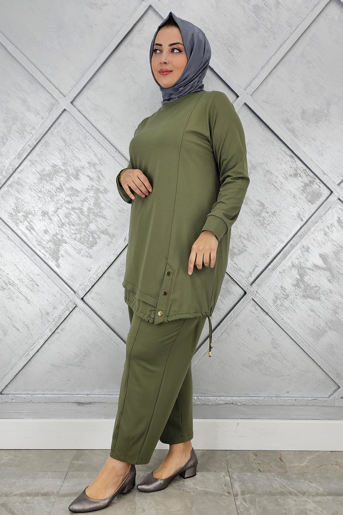 KADIN DÜĞME BAĞCIK DETAYLI TESETTÜR TAKIM HAKİ - 5 BEDEN