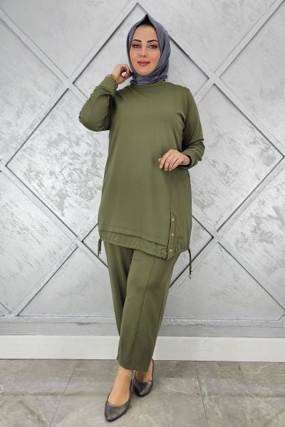 KADIN DÜĞME BAĞCIK DETAYLI TESETTÜR TAKIM HAKİ - 5 BEDEN