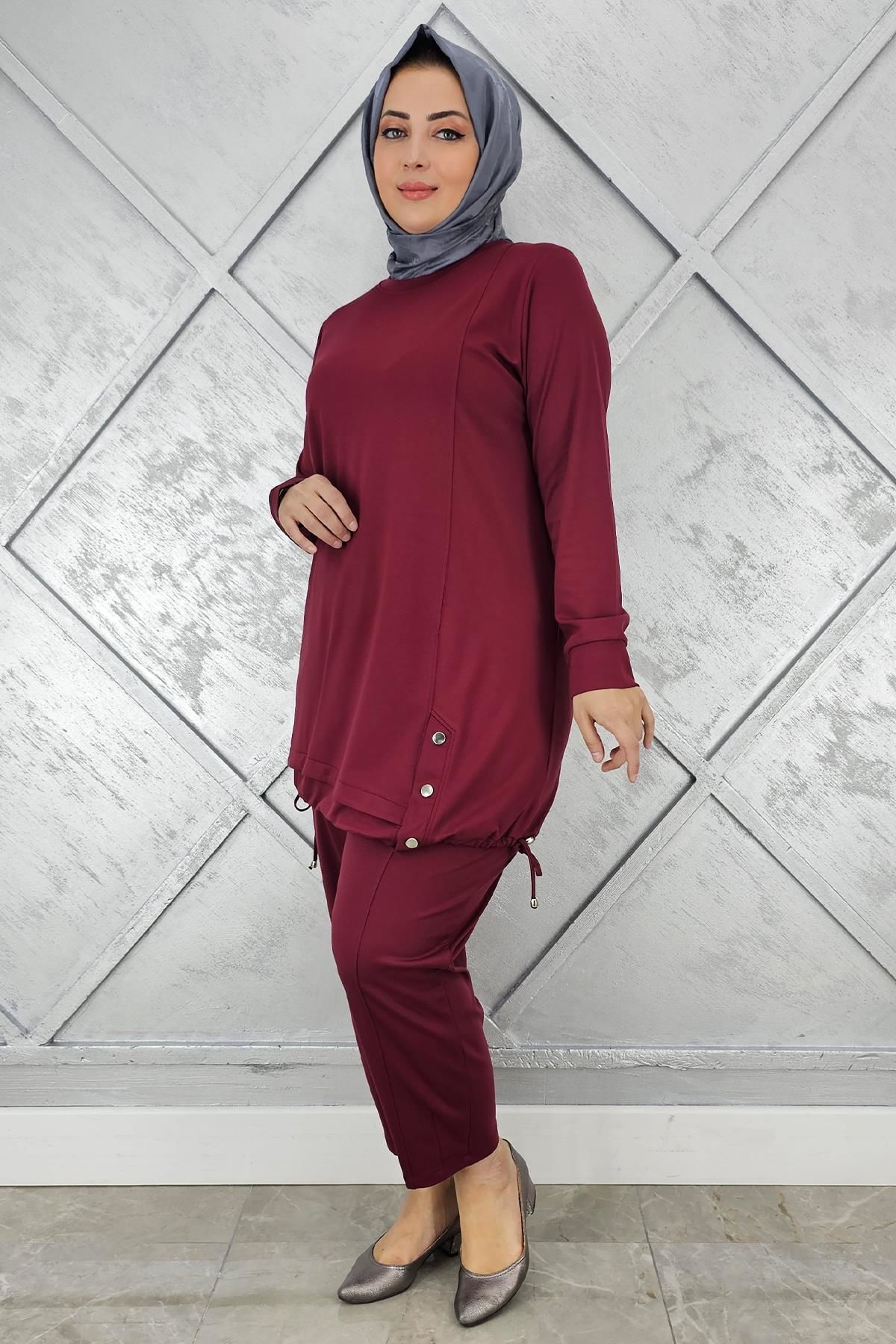 KADIN DÜĞME BAĞCIK DETAYLI TESETTÜR TAKIM BORDO - 5 BEDEN