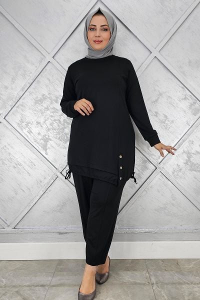 KADIN DÜĞME BAĞCIK DETAYLI TESETTÜR TAKIM SİYAH - 5 BEDEN