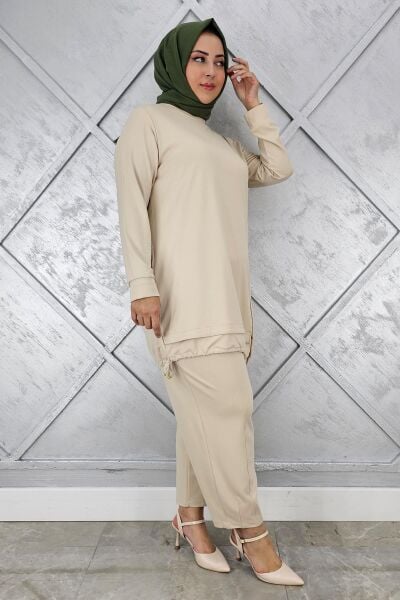 KADIN DÜĞME BAĞCIK DETAYLI TESETTÜR TAKIM BEJ - 2 BEDEN