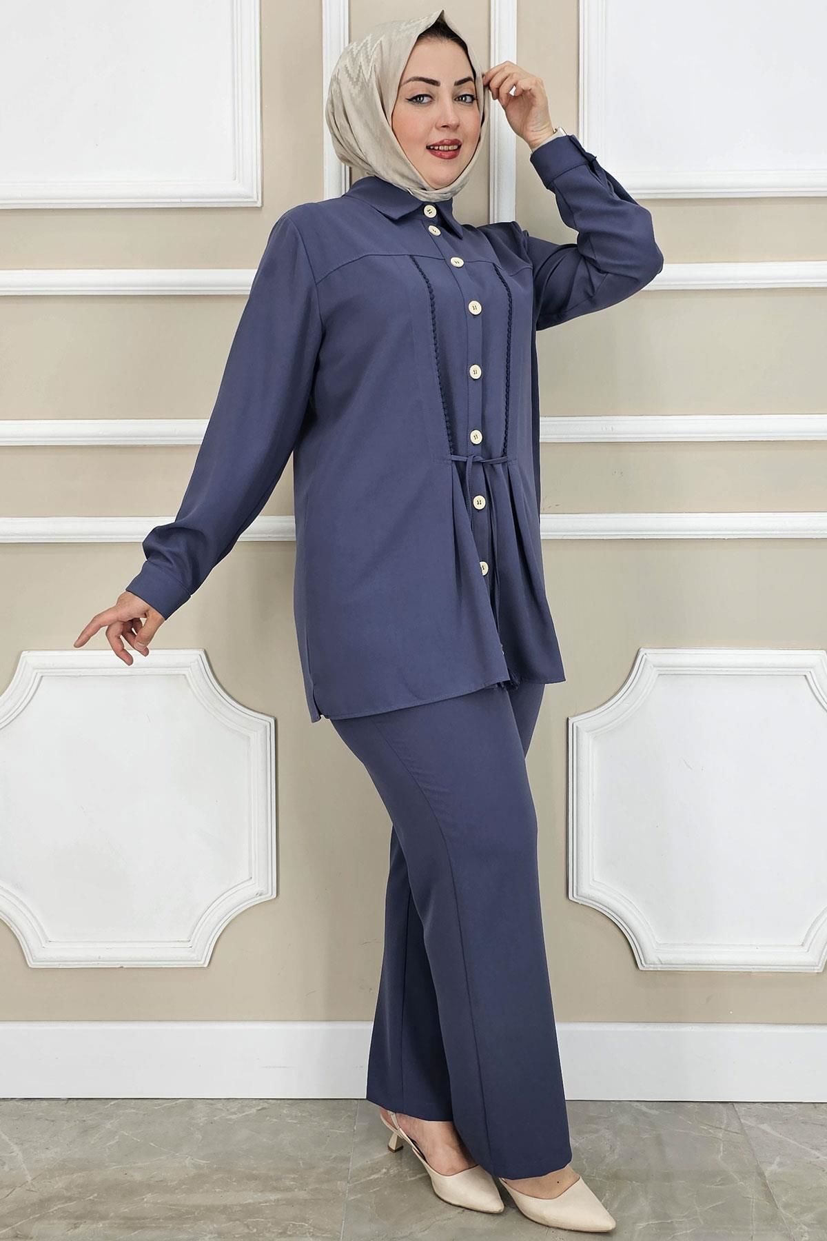 PYS KADIN DANTEL ŞERİT DETAYLI TESETTÜR TAKIM ANTRSİT - 3 BEDEN