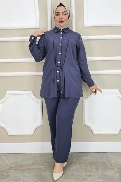 PYS KADIN DANTEL ŞERİT DETAYLI TESETTÜR TAKIM ANTRSİT - 3 BEDEN