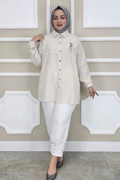 PYS KADIN ÇİZGİLİ BROŞ DETAYLI TESETTÜR GÖMLEK CAMEL - 2 BEDEN