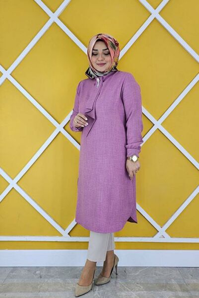 PYS KADIN ESTETİK KRAVAT YAKALI TESETTÜR TUNİK GÜL KURUSU - 4 BEDEN