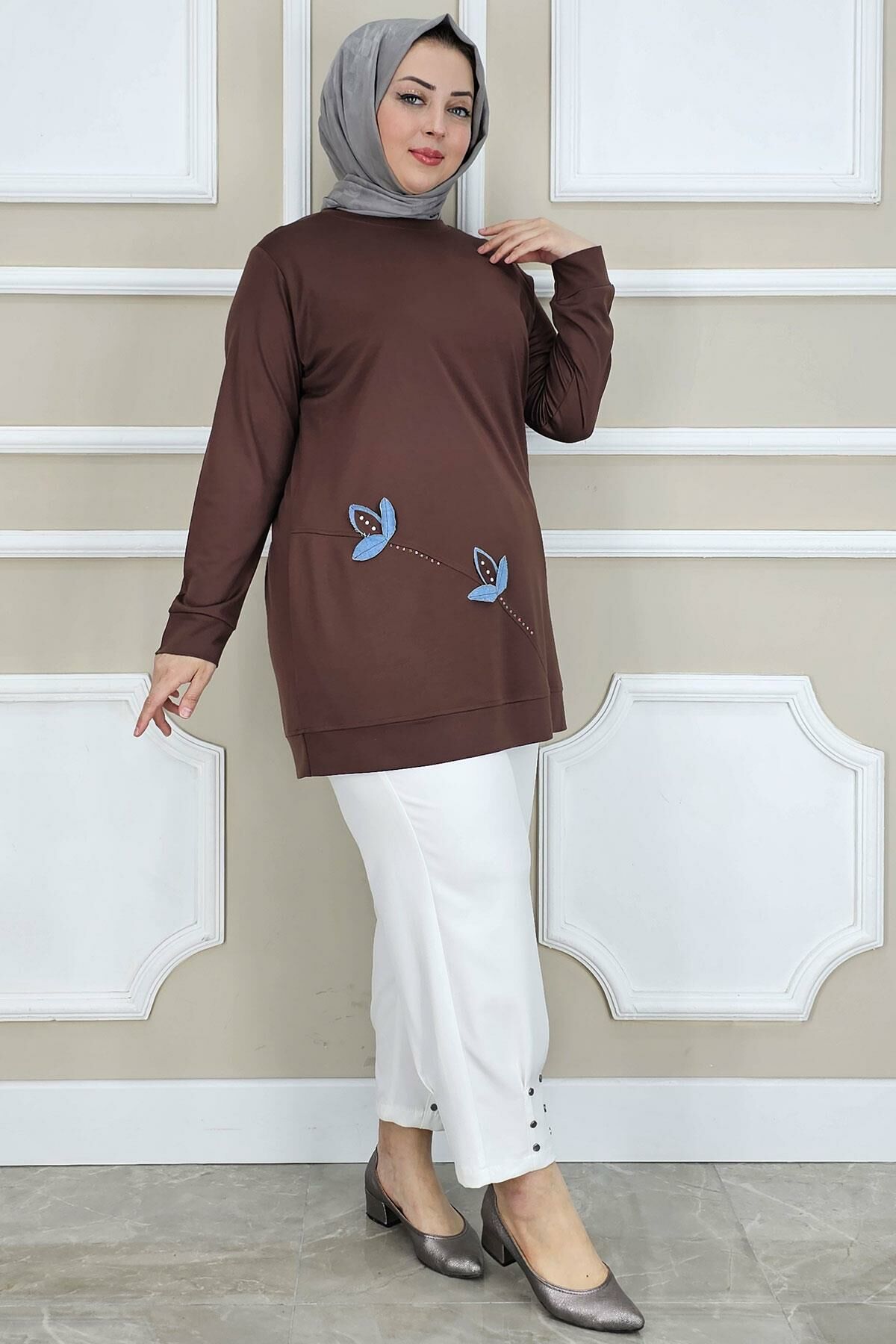 PYS KADIN ÇİÇEK DİKME DETAYLI TESETTÜR TUNİK KAHVERENGİ - 2 BEDEN