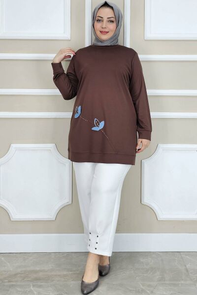 PYS KADIN ÇİÇEK DİKME DETAYLI TESETTÜR TUNİK KAHVERENGİ - 2 BEDEN
