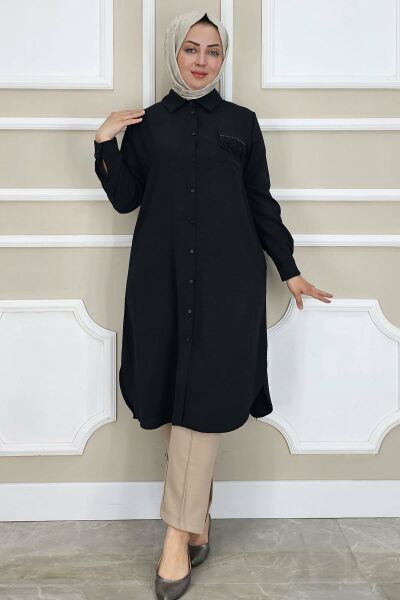 PYS KADIN CEBİ PÜSKÜL DETAYLI TESETTÜR GÖMLEK SİYAH - 3 BEDEN