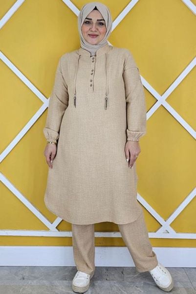 PYS KADIN DÜĞME VE BAĞUCU DETAYLI TESETTÜR TAKIM BEJ - 2 BEDEN