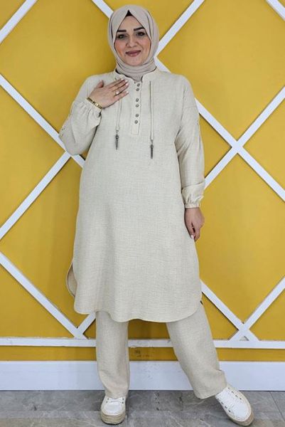 PYS KADIN DÜĞME VE BAĞUCU DETAYLI TESETTÜR TAKIM TAŞ - 2 BEDEN