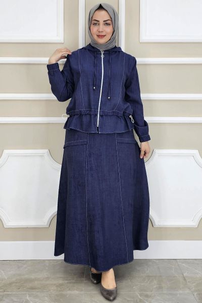 PYS KADIN KAPÜŞONLU ETEKLİ TESETTÜR TAKIM LACİVERT - 4 BEDEN
