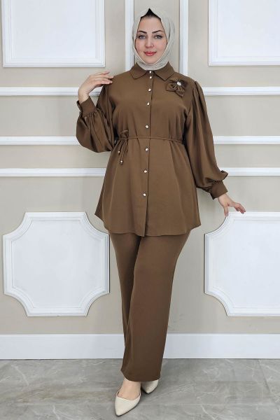 PYS KADIN ÇİÇEK BROŞ DETAYLI TESETTÜR TAKIM KAHVERENGİ - 3 BEDEN