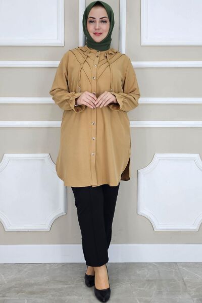 PYS KADIN FIRFIR DETAYLI TESETTÜR GÖMLEK KAHVERENGİ - 2 BEDEN
