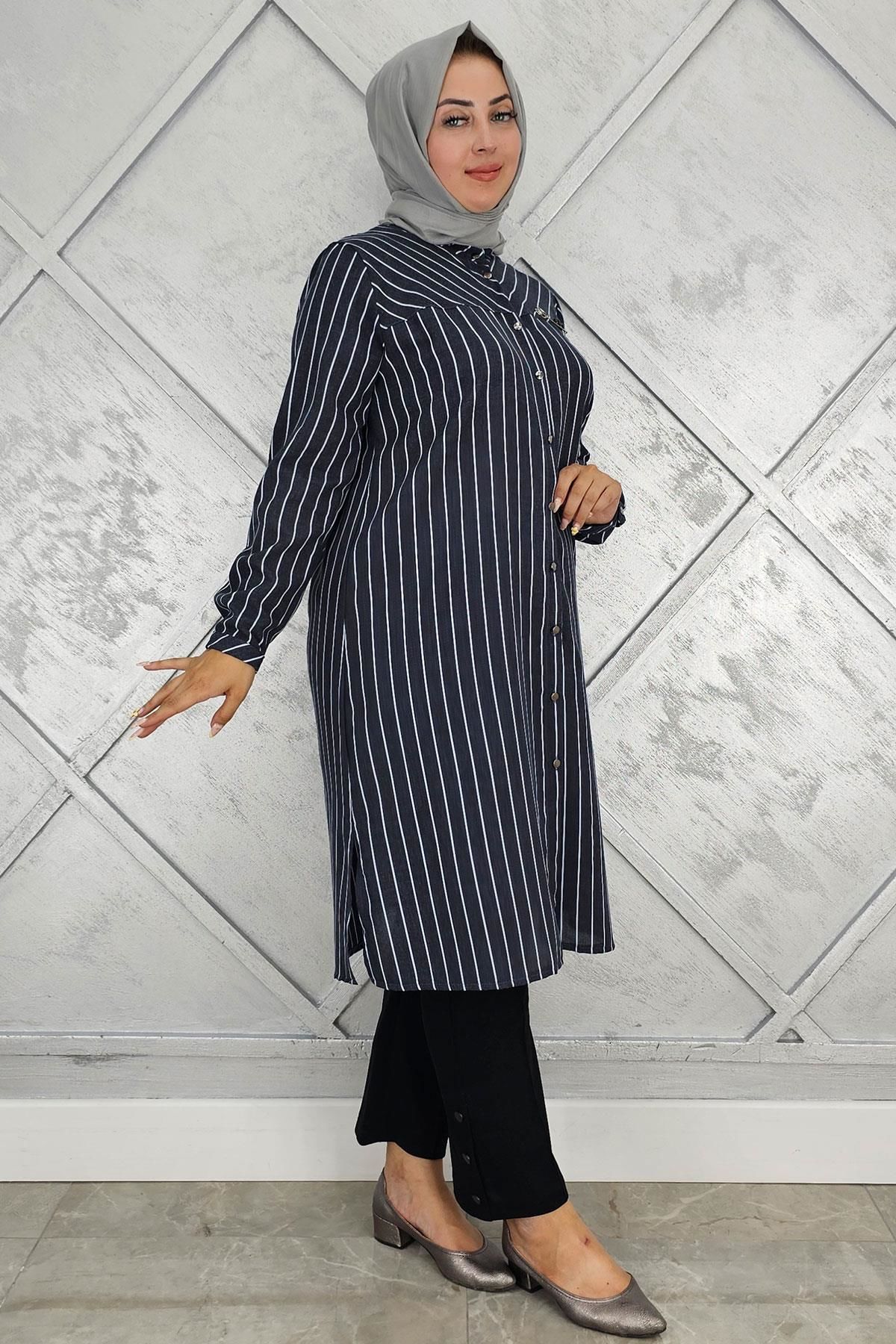 PYS KADIN BROŞLU ÇİZGİLİ KETEN TESETTÜR GÖMLEK SİYAH - 5 BEDEN