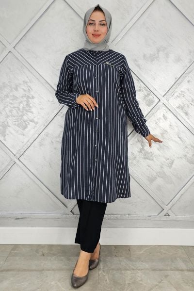 PYS KADIN BROŞLU ÇİZGİLİ KETEN TESETTÜR GÖMLEK SİYAH - 5 BEDEN