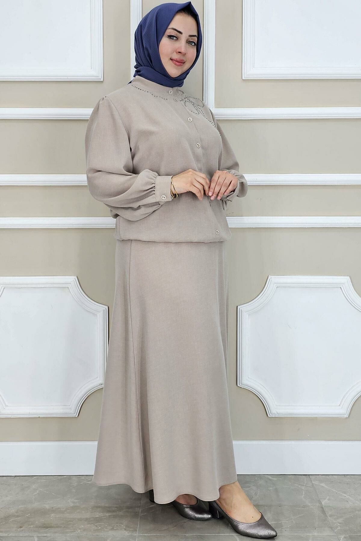 PYS KADIN TAŞ DETAYLI TESETTÜR TAKIM BEJ - 4 BEDEN