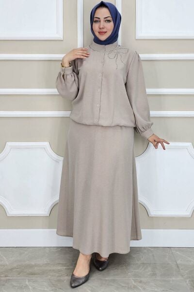 PYS KADIN TAŞ DETAYLI TESETTÜR TAKIM BEJ - 4 BEDEN