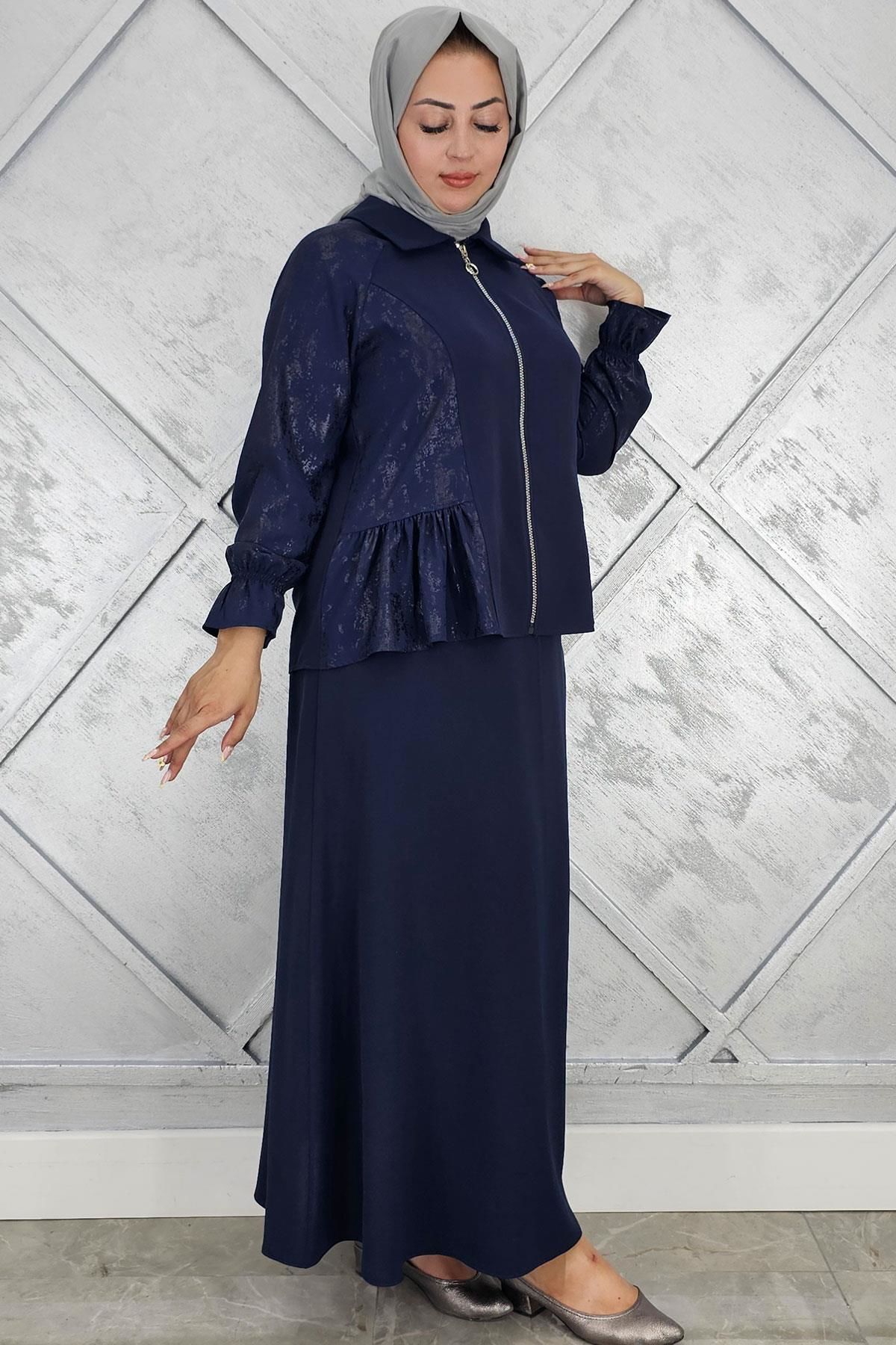 PYS KADIN BÜZGÜ DETAYLI TESETTÜR TAKIM LACİVERT - 2 BEDEN