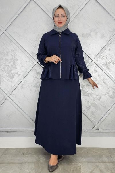 PYS KADIN BÜZGÜ DETAYLI TESETTÜR TAKIM LACİVERT - 2 BEDEN