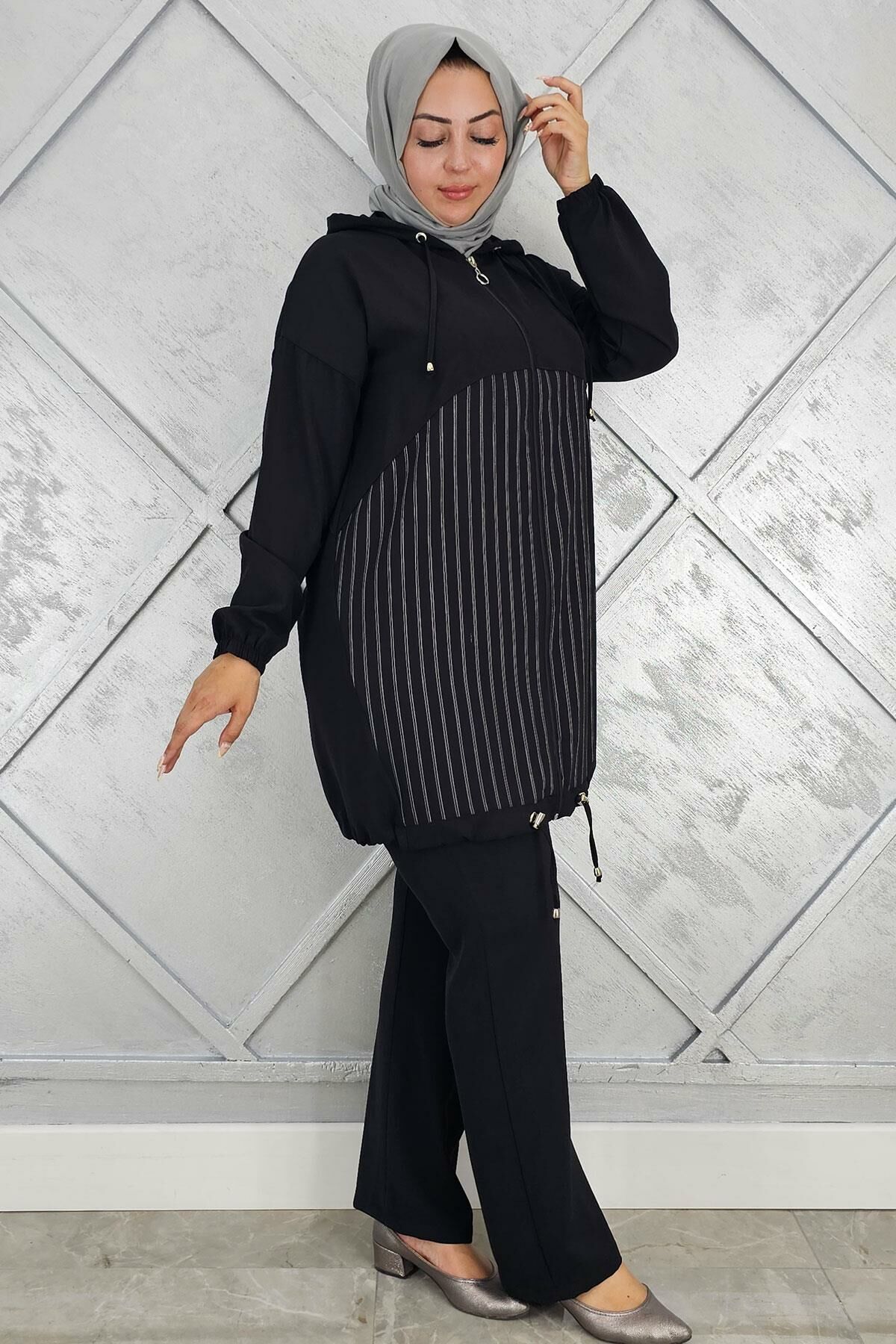 PYS KADIN DESEN KOMBİNLİ TESETTÜR TAKIM SİYAH - 3 BEDEN