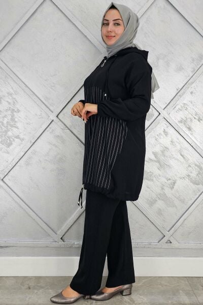 PYS KADIN DESEN KOMBİNLİ TESETTÜR TAKIM SİYAH - 3 BEDEN