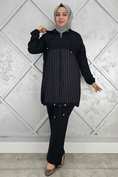 PYS KADIN DESEN KOMBİNLİ TESETTÜR TAKIM SİYAH - 3 BEDEN