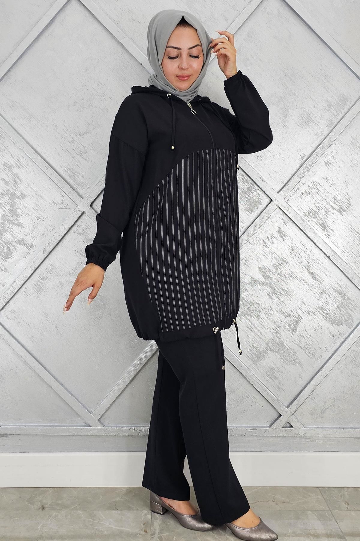 PYS KADIN DESEN KOMBİNLİ TESETTÜR TAKIM SİYAH - 5 BEDEN