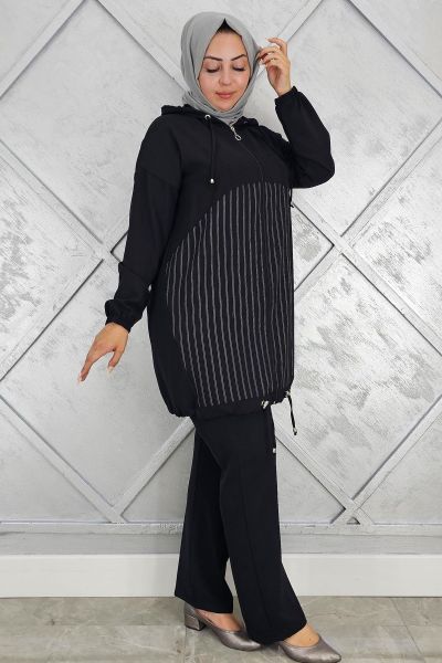 PYS KADIN DESEN KOMBİNLİ TESETTÜR TAKIM SİYAH - 5 BEDEN