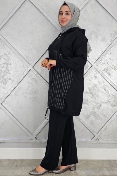 PYS KADIN DESEN KOMBİNLİ TESETTÜR TAKIM SİYAH - 5 BEDEN