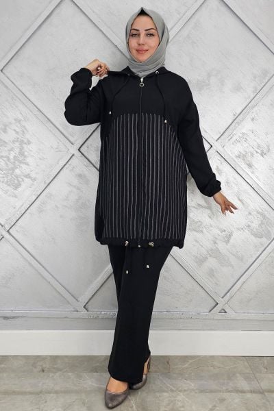 PYS KADIN DESEN KOMBİNLİ TESETTÜR TAKIM SİYAH - 5 BEDEN
