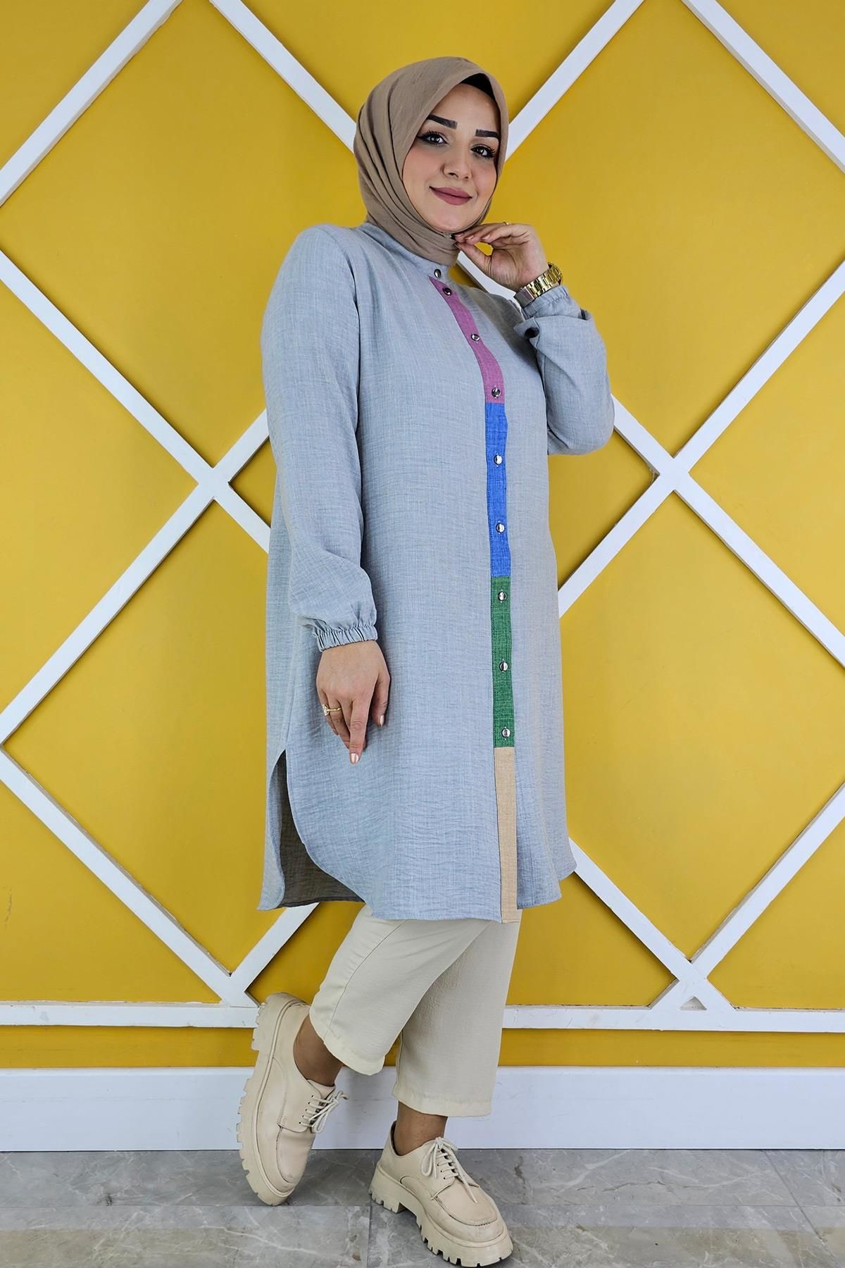 PYS KADIN KOMBİN DETAYLI TESETTÜR GÖMLEK GRİ - 2 BEDEN