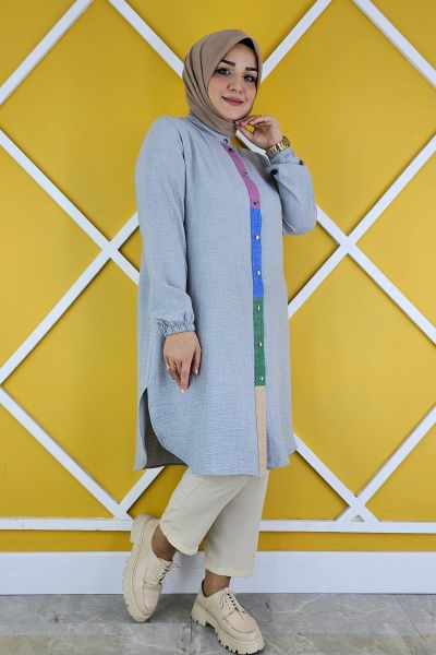 PYS KADIN KOMBİN DETAYLI TESETTÜR GÖMLEK GRİ - 2 BEDEN