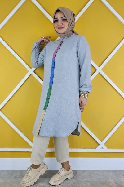 PYS KADIN KOMBİN DETAYLI TESETTÜR GÖMLEK GRİ - 2 BEDEN