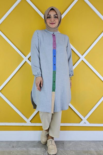 PYS KADIN KOMBİN DETAYLI TESETTÜR GÖMLEK GRİ - 2 BEDEN