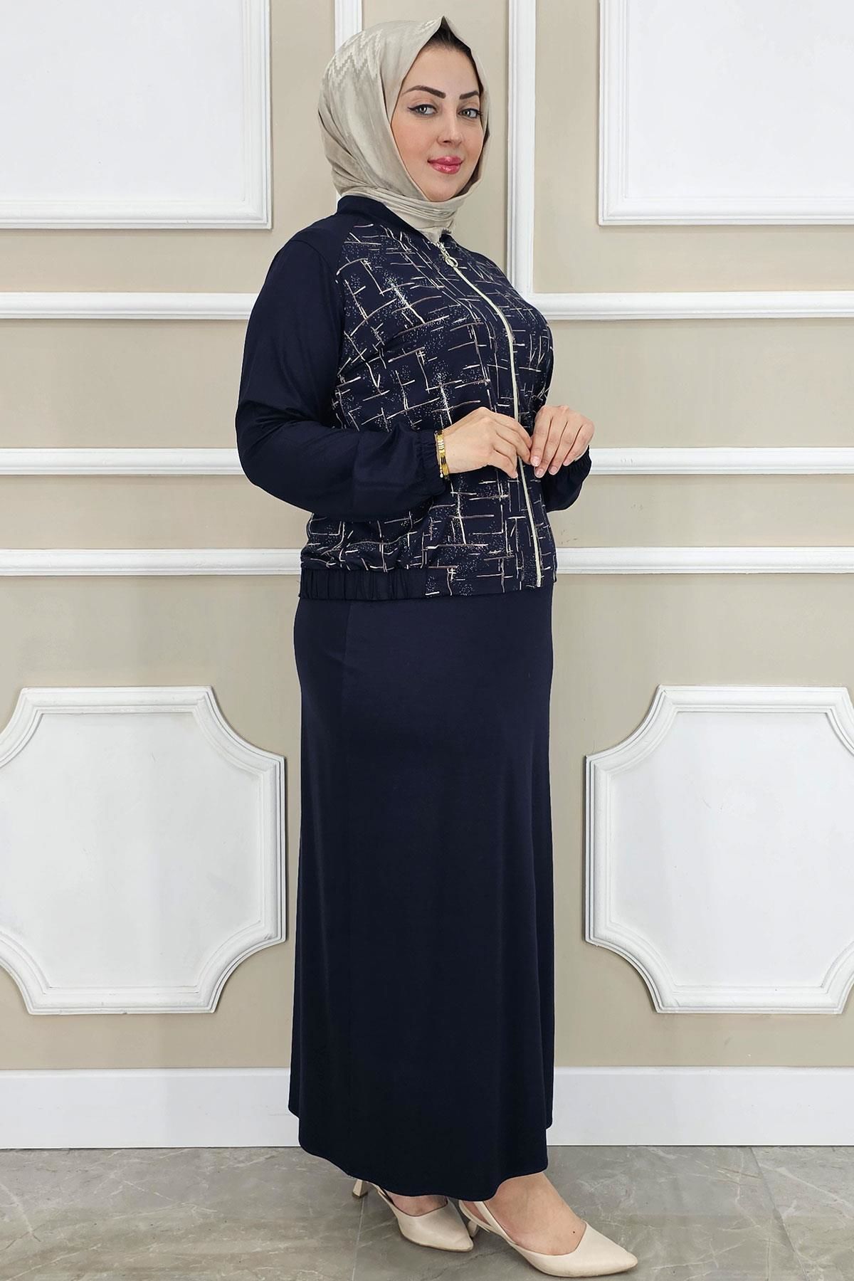 PYS KADIN DESENLİ TESETTÜR TAKIM LACİVERT - 4 BEDEN