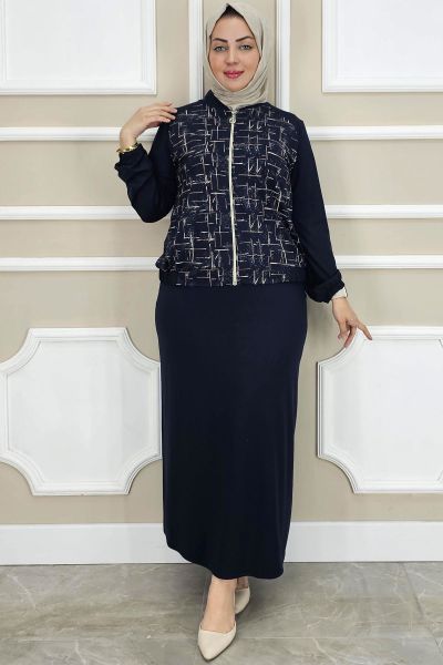 PYS KADIN DESENLİ TESETTÜR TAKIM LACİVERT - 4 BEDEN