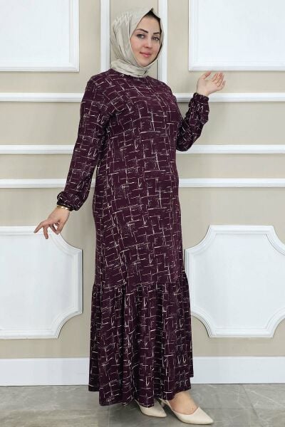 WOMAN PATTERNED SILVERY HIJAB DRESS BURGUNDY - SIZE 3