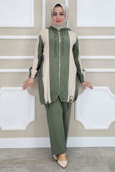 PYS KADIN DİKME DETAYLI KAPÜŞONLU TESETTÜR TAKIM HAKİ - 3 BEDEN