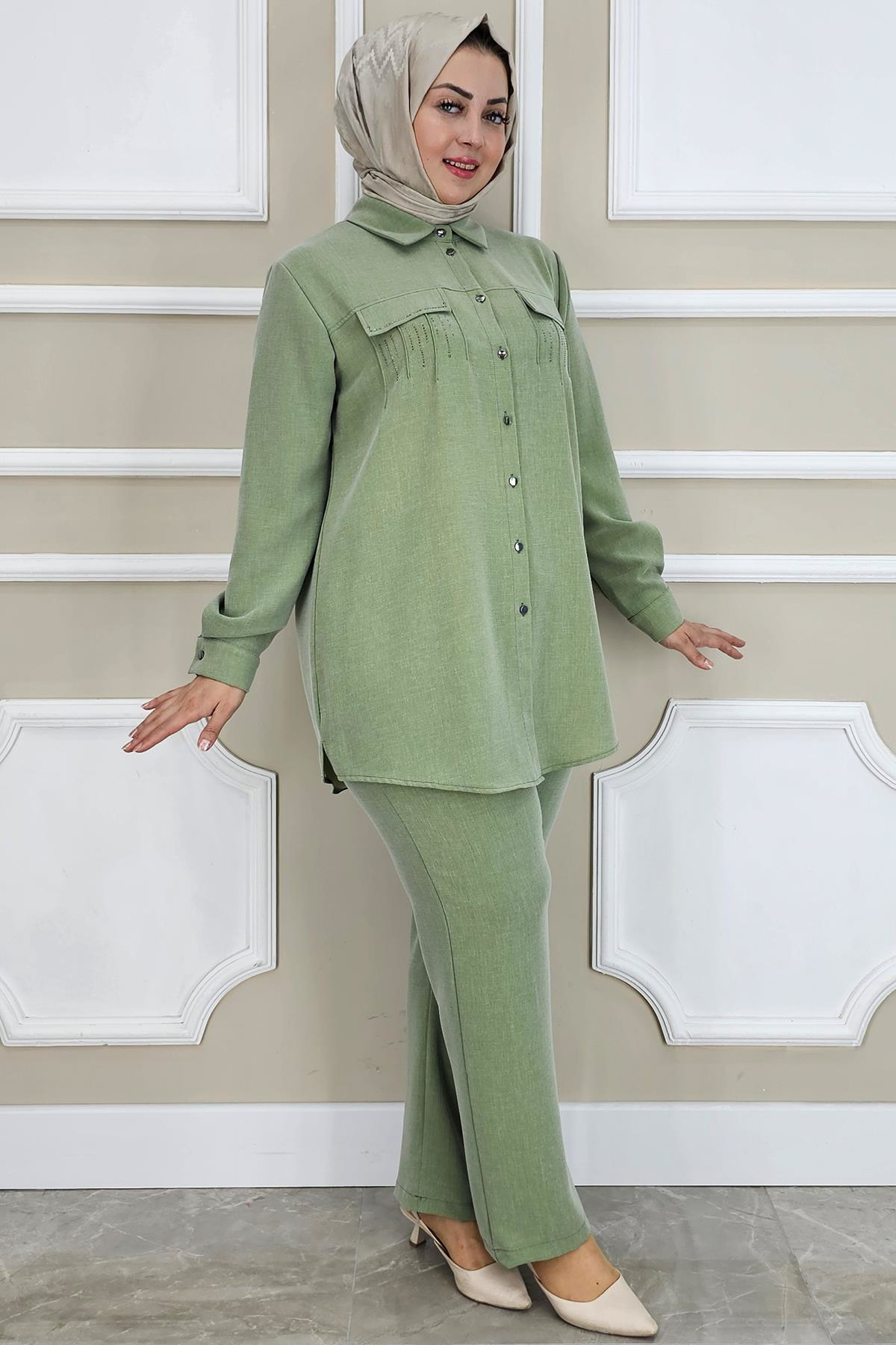 PYS KADIN TAŞ DETAYLI TESETTÜR TAKIM YEŞİL - 2 BEDEN