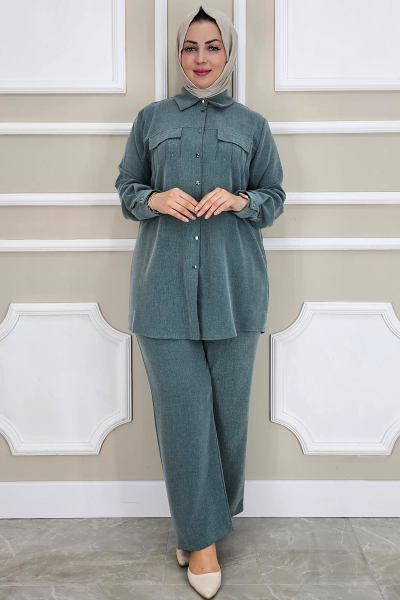 PYS KADIN TAŞ DETAYLI TESETTÜR TAKIM PETROL YEŞİLİ - 5 BEDEN